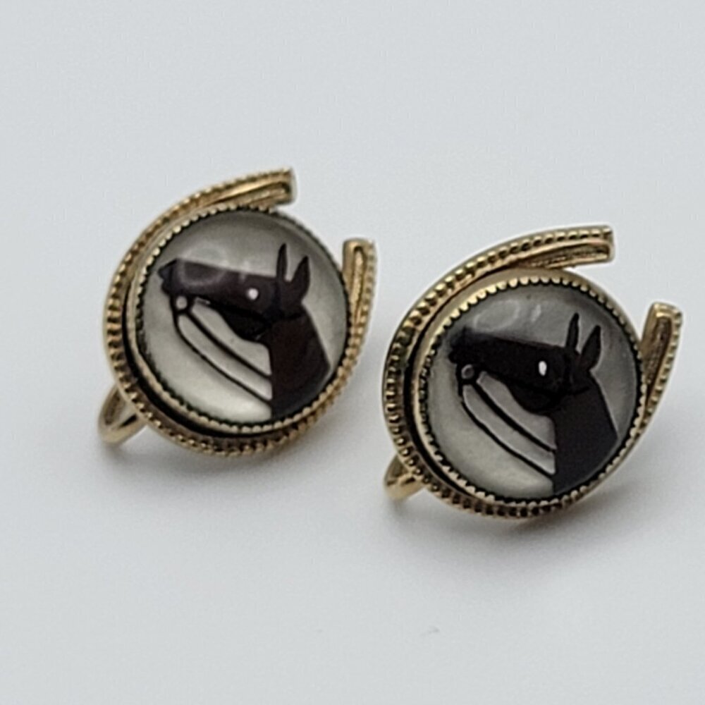 Vintage Gold Filled Race Horse Head Glass Dome Horseshoe Stud Screwback Earrings - Picture 2 of 7